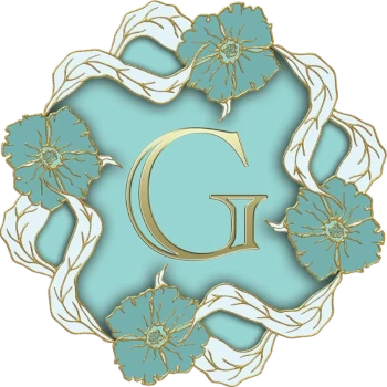 The letter G in gold on a mint blue field surrouned by a circle of blue and gold flowers linked by white and gold long leaves.
