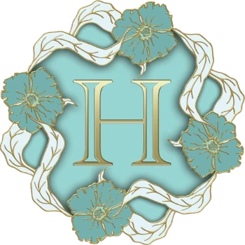 The letter H in gold on a mint blue field surrouned by a circle of blue and gold flowers linked by white and gold long leaves.