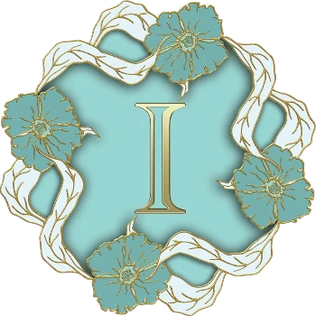 The letter I in gold on a mint blue field surrouned by a circle of blue and gold flowers linked by white and gold long leaves.
