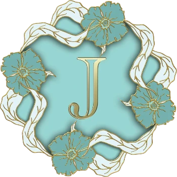 The letter J in gold on a mint blue field surrouned by a circle of blue and gold flowers linked by white and gold long leaves.