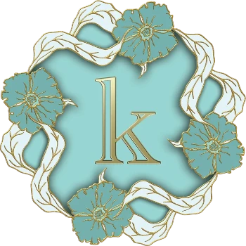The letter K in gold on a mint blue field surrouned by a circle of blue and gold flowers linked by white and gold long leaves.