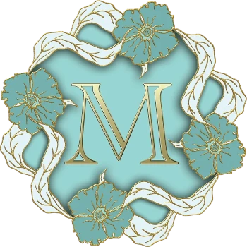 The letter M in gold on a mint blue field surrouned by a circle of blue and gold flowers linked by white and gold long leaves.