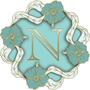 The letter N in gold on a mint blue field surrouned by a circle of blue and gold flowers linked by white and gold long leaves.