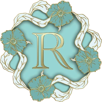 The letter R in gold on a mint blue field surrouned by a circle of blue and gold flowers linked by white and gold long leaves.