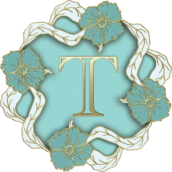 The letter T in gold on a mint blue field surrouned by a circle of blue and gold flowers linked by white and gold long leaves.