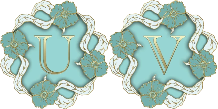 The letterS U and V in gold on a mint blue field surrouned by a circle of blue and gold flowers linked by white and gold long leaves.
