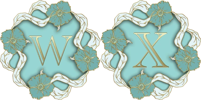 The letterS W and X in gold on a mint blue field surrouned by a circle of blue and gold flowers linked by white and gold long leaves.