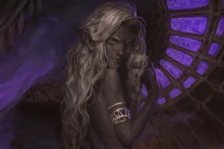 A female drow with long white hair looks over her shoulder at the viewer while wearing nothing more than a gleaming silver armband and a mischievous smile.