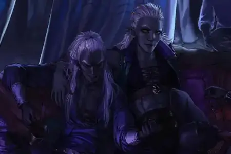 A trio of drow males with dusky skin lounge together. A central male eyes the viewer while his right arm is around one drow and another rests his head on his lap.