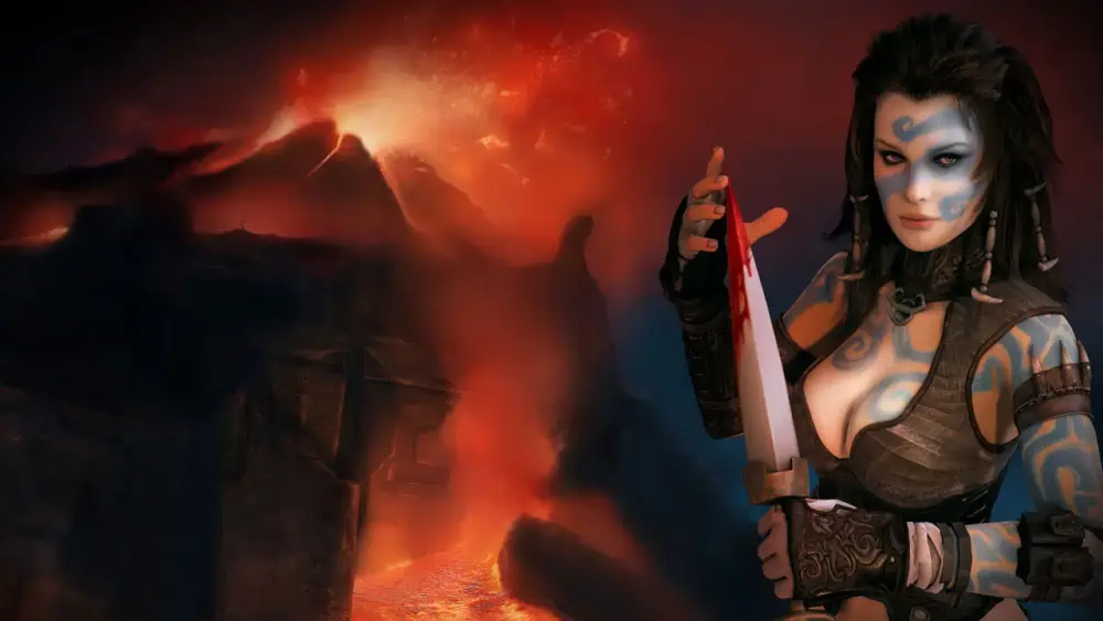 A pale woman with dark brown hair and tendrils in blue body paint stands in brown armor. She holds up a bloody knife while a volcano explodes in the background.