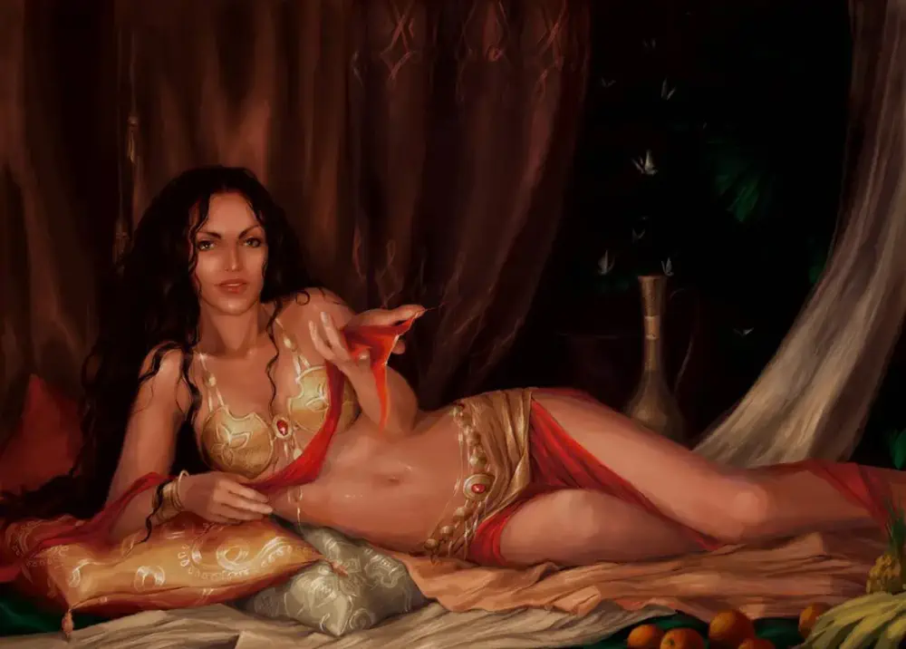 A woman with long dark hair lounges on her right side on silks and pillows in cream and orange shades. She wears a golden bra and red skirt and holds out a red silk length to the viewer.