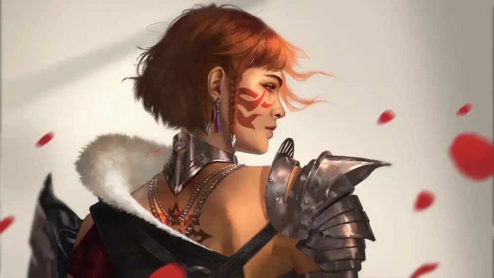 A woman with chin-length red hair and lightly tanned skin is facing away from the viewer. Her face is in profile as she stares into the distance. She wears some silvery armor pieces and a fur-lined cape.