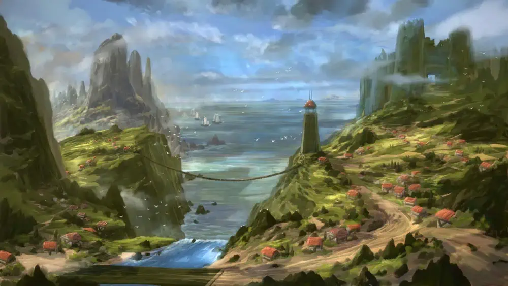 A small town of buildings with red roofs are strewn along two cliffsides separated by water and a bridge over it. The sea stretches out beyond.