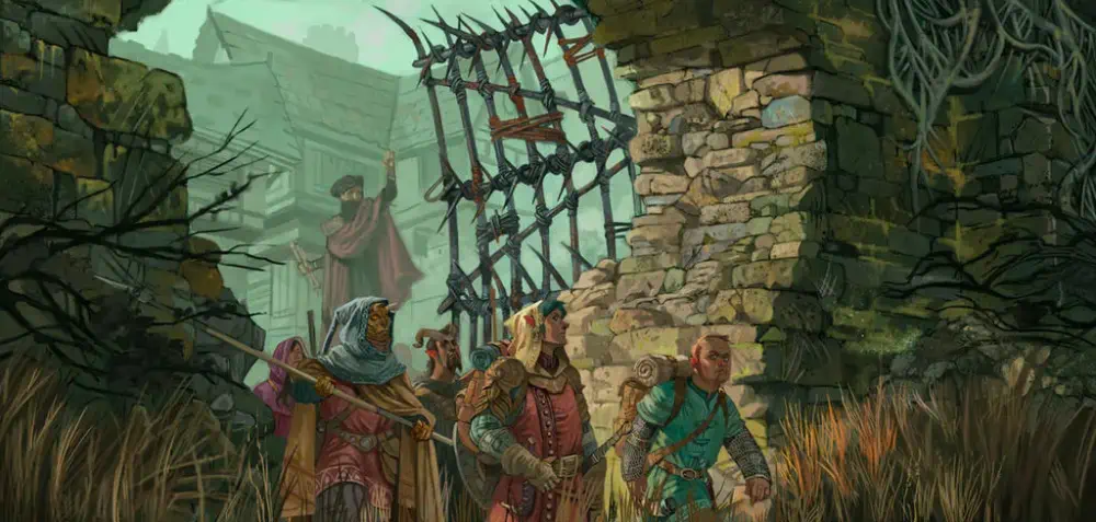 A group of fantasy adventurers in medieval clothes are walking through an opening in a thick stone wall. A town rises behind them; grass rises up before them.