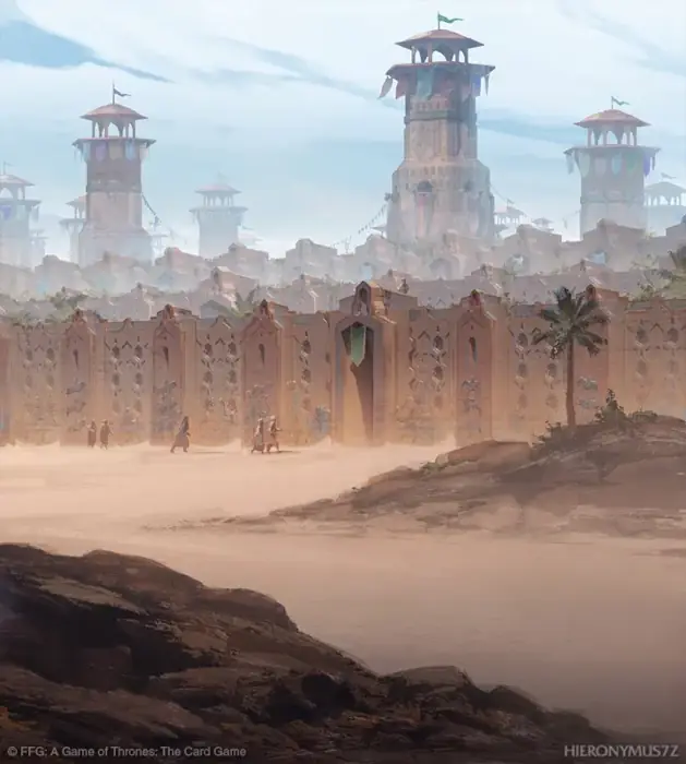 Large watchtowers with colorful penants hung from the upper levels rise above and behind a large stone city wall with carvings in it at intervals. Desert sands lay before the wall and the central gate