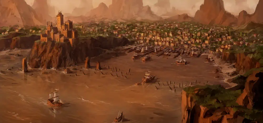 A stately stone keep rises on an outcropping ahead of a medieval city that sprawls further back along the shore.