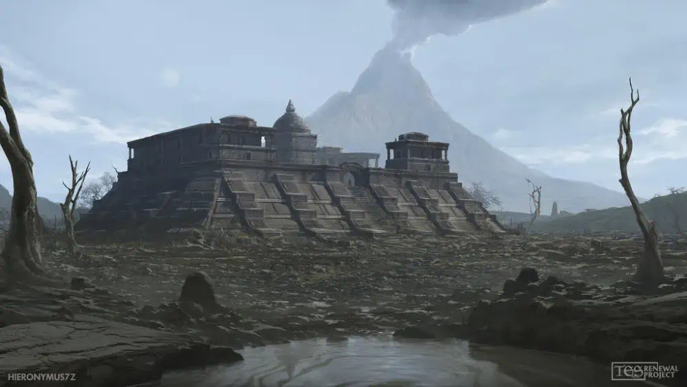A light brown stone tiered building squats in the middle of a rocky, hilly plain with a large volcano smoking in the distant background.