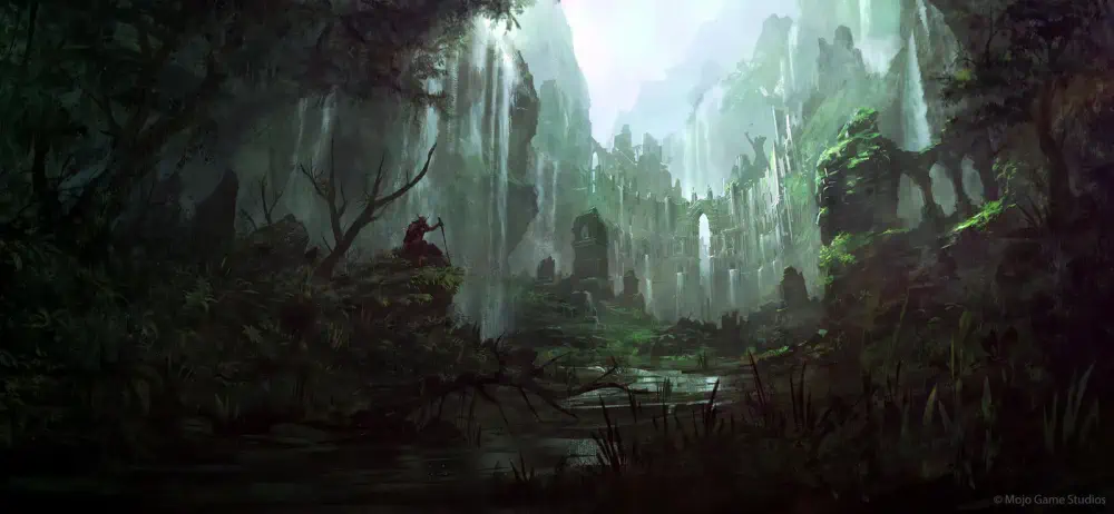 Mossy stone ruins rise in the distance. In the foreground, a figure sits on a rocky outcropping above the watery floor of a forested area surrounded by hills.