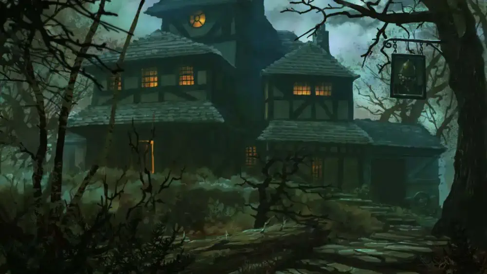 A large medieval-style tavern looms ahead, its windows lit with orange firelight while clouds brood in the sky behind it.
