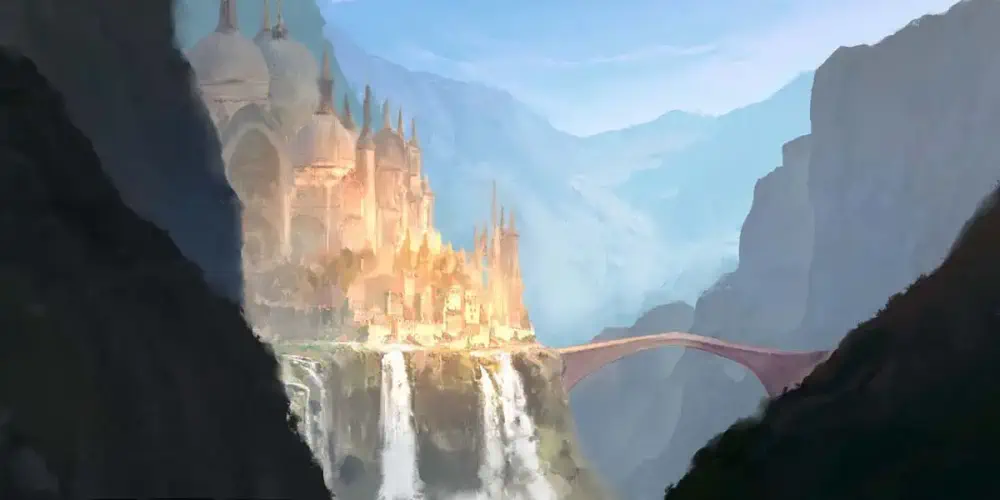 A huge white fantasy city with great domes and spires rising from them perches on a hillside in a wash of golden light. Waterfalls pour before it and to the right side, a bridge joins it to the mountains nearby.