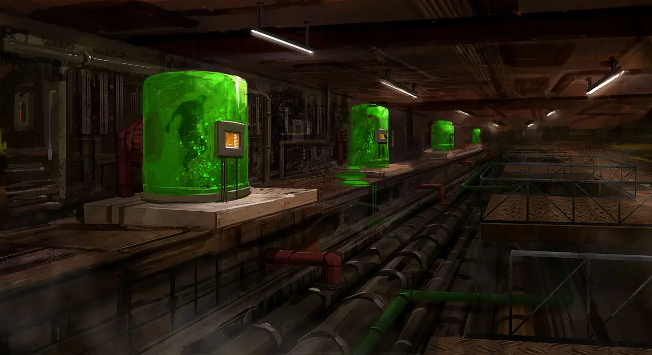 A metallic warehouse interior view with raised platforms along one wall for four green glass containers containing human shadowy shapes