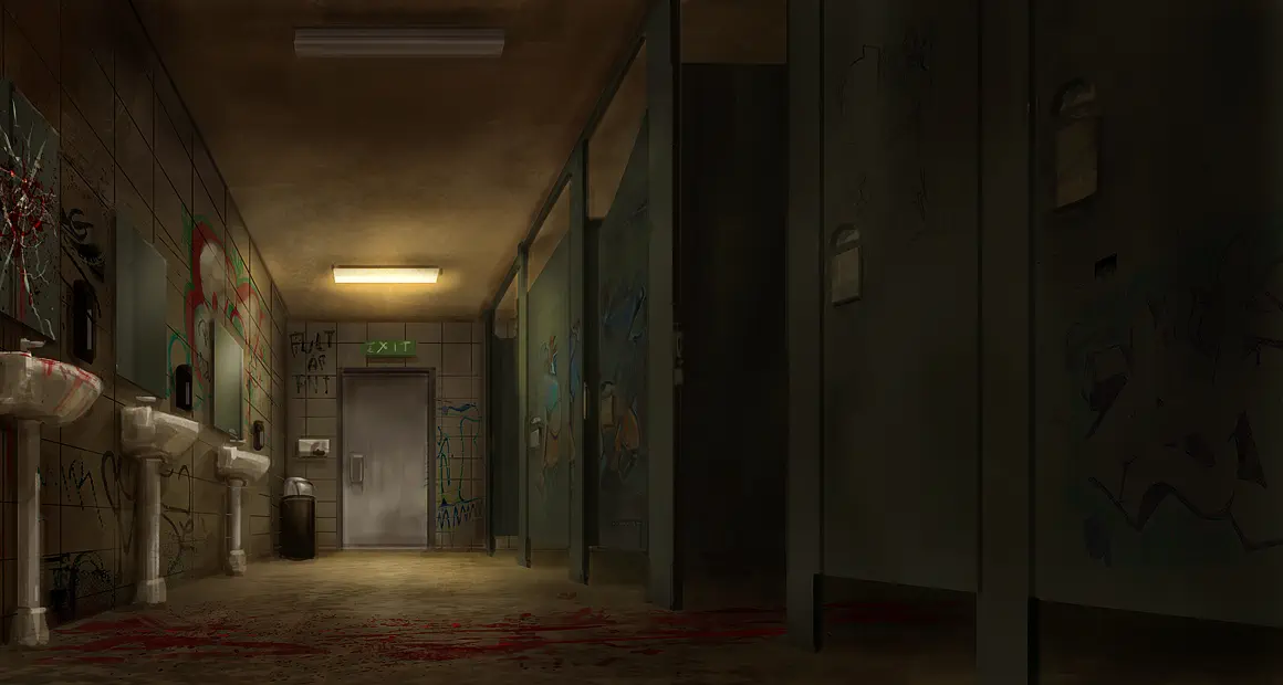 A dingy restroom covered in graffiti with only one light on and an open stall with a blood trail running to it from a bloody sink across the aisle