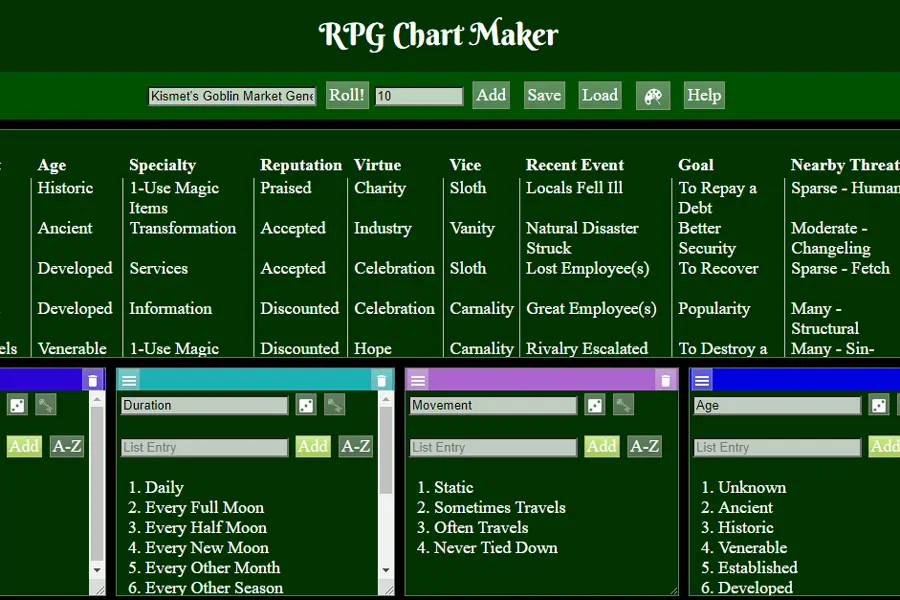 An example of the generator's output, with white words arranged in columns and rows on a green background
