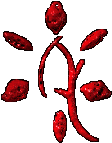 A scythe surrounded by six flower petals in red
