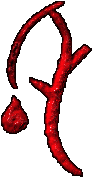 A scythe with a blood drop coming off the blade in red