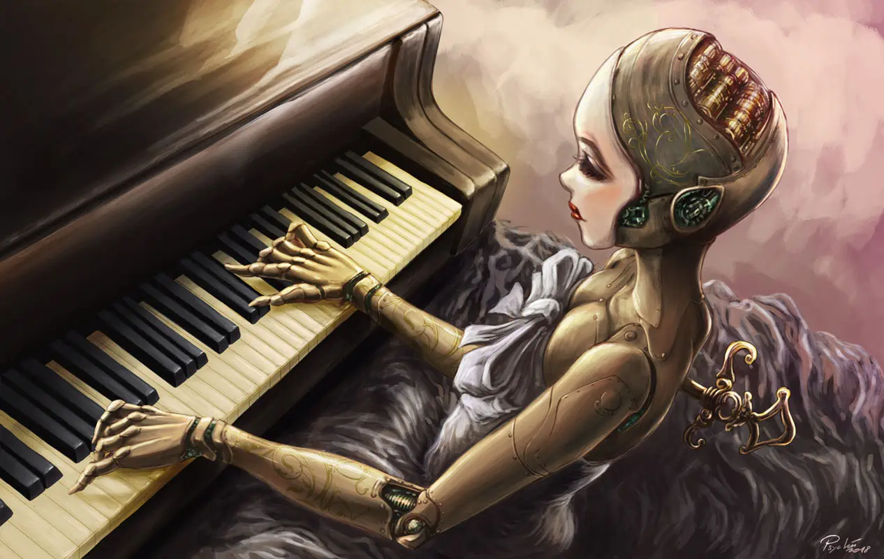 A being with a wind-up key sticking out of her back and a clearly mechanical body wears a human female face and a frilly lavender dress while playing piano