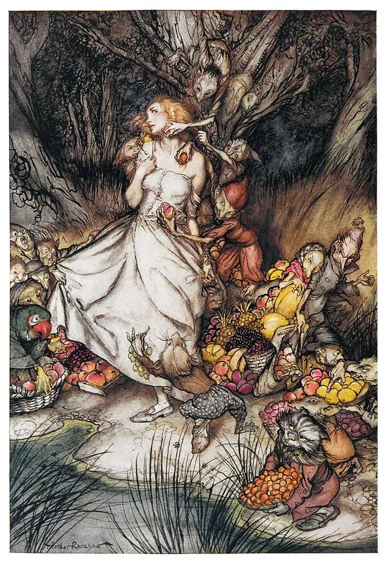 A young woman turns her face away from elfin creatures that hold up fruits for her to eat