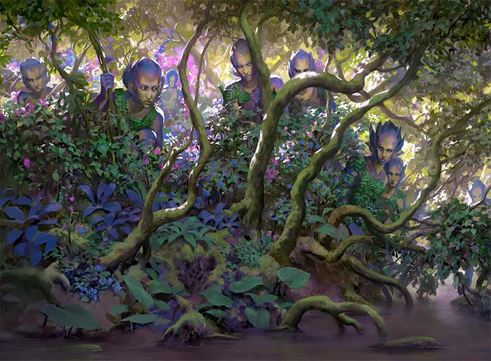 A group of humanoids with light green skin and blue petals for hair hide and watch behind a bank of trees and plants