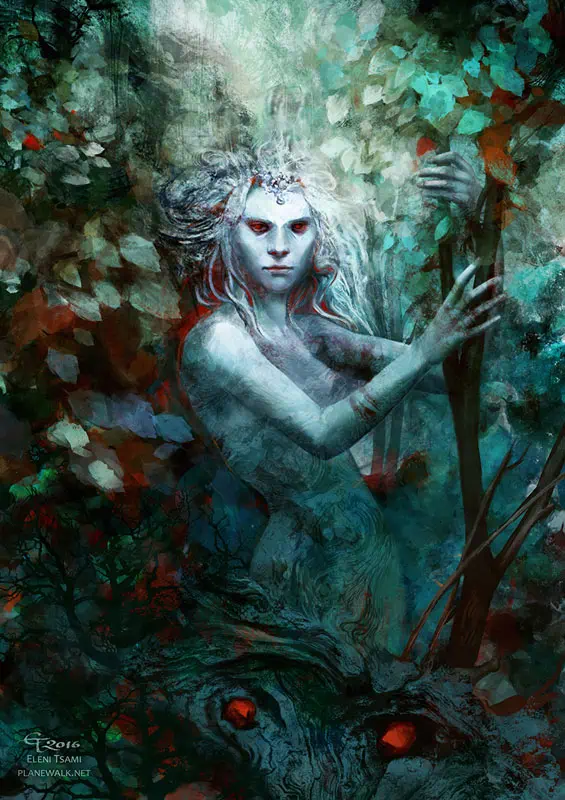 A pale woman with red eyes and wild hair holds onto a sapling tree while watching from a forest