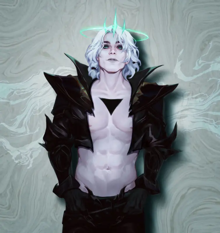 A very pale man with white hair and green eyes stands in a short black jacket that's open to reveal his chest. On his head is a glowing teal crown and on his chest is a black downward triangle.